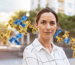 Image of woman with graphic of immune globulins behind her